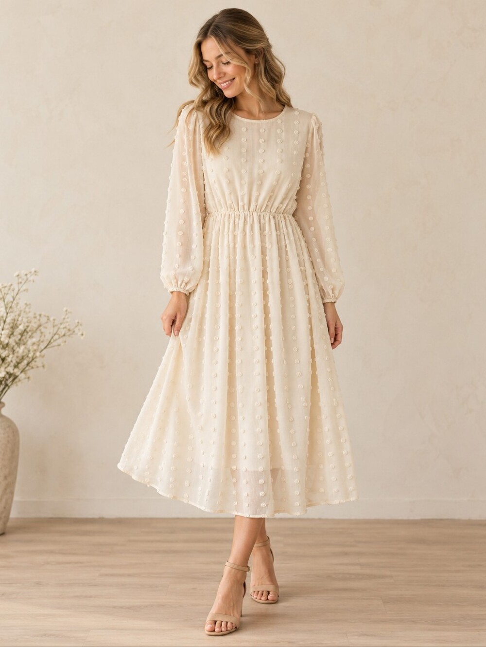 Roolee Swiss Dot Midi Dress Size M Ivory Textured Sheer Sleeves
